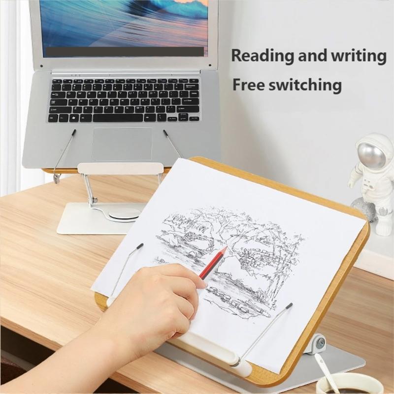 Reading Books Holder Desktop Book Laptop Stand with 360 Degree Rotating Base Wooden Panel Page Clip Foldable Angled