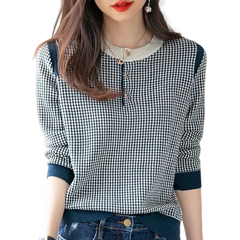 

[MARIA MARFA] ladies tops spring knit check pattern wind adult round neck spring clothes Spring items Looks like an adult simple knit blue 5S-M06-BLS