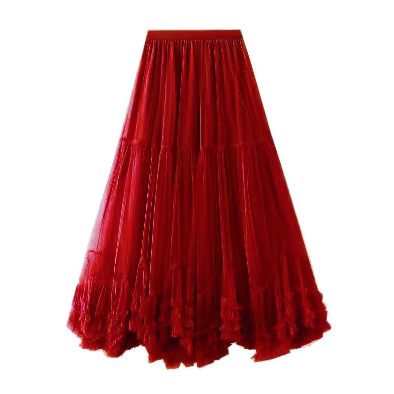 

Large Swing Design Mesh Skirt New High Waisted Slimming Puffy Skirt for Women One size бордовий