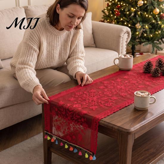 Holiday Table Runner Christmas Lace with Tassels, Sheer Embroidery Snowflake Sleigh Xmas Tablecloth, Cover for Parties Dining Room Decor Entryway