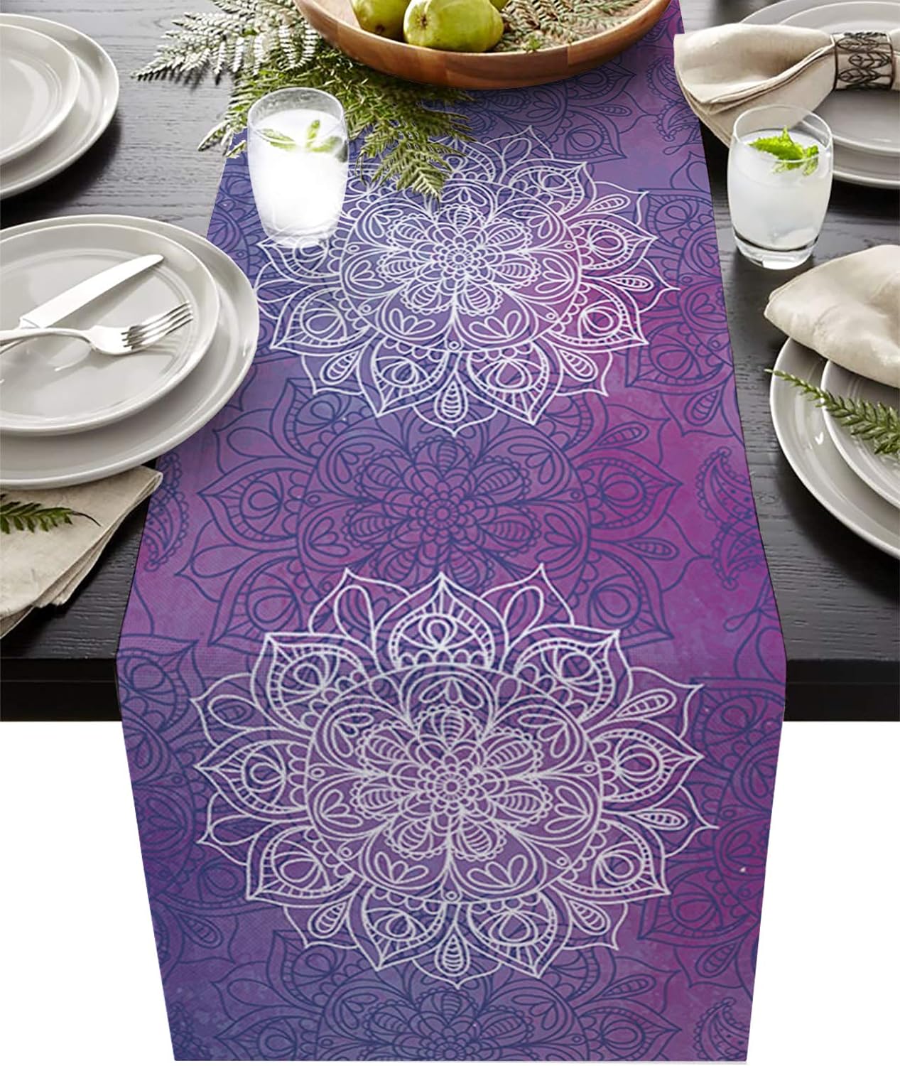 Chemins de table en lin motif fleur de mandala bohème Décoration de fête de fin d'année Chemins de table pour table de cuisine de ferme et table à manger Décorations de mariage 150x33cm