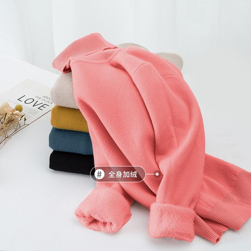 Kids Girls Thick Fleece Lined High Neck Knit Sweater Warm Pullover Base Layer