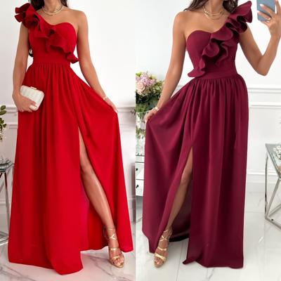 Sleeveless Side Split Flowy Hem Elegant Dress Sexy Skew Collar Ruffle Decor Maxi Dress Party Clothing