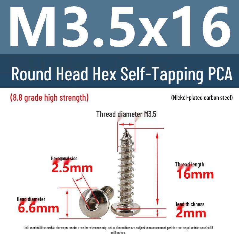 8.8 Grade Round Head Hex Socket Self-Tapping Screws M2-M4 Carbon Steel Bolts