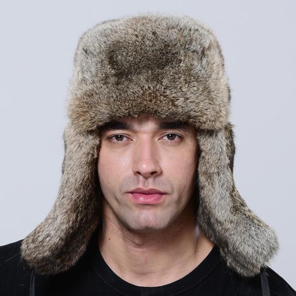 New Men's Winter Bomber Hat Thick Warm Rabbit Fur Trapper Ushanka Russia Style Ear Flap Cap for Cold Weather