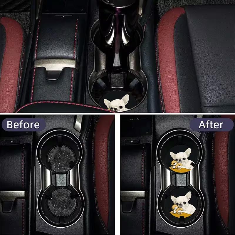 2PCS Car Water Cup Mat Cute Dog Cup Mat Circular Universal Anti Slip Shock Absorbent Creative Automotive Interior