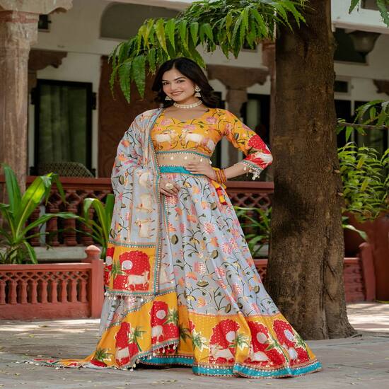 Multicolour Printed Lehenga Set with Animal Motifs