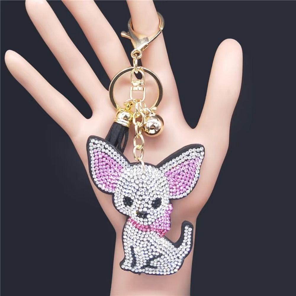 Gold Color Chihuahua Keychain Cute Animals Crystal Keychain Dog Keyring  Bag Accessories