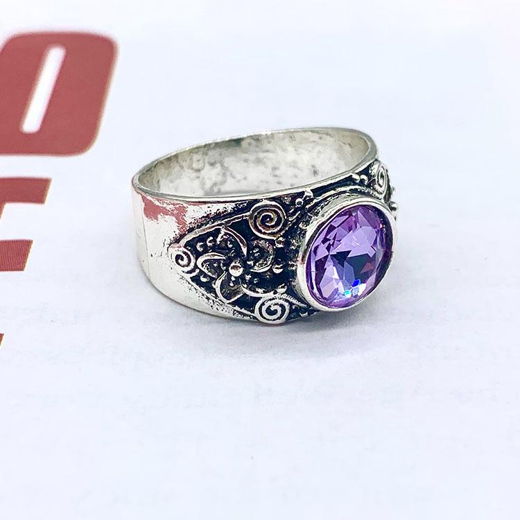 Huajie Retro Luxury Purple Zircon Ring with Thai Silver Flower Design