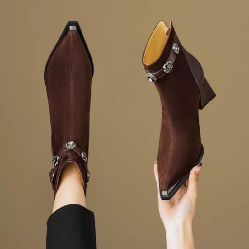 Square Heel Metal Buckle Booties Fashion Pointed Toe Rear Zipper Anti-slip Wear-resistant Single Shoes