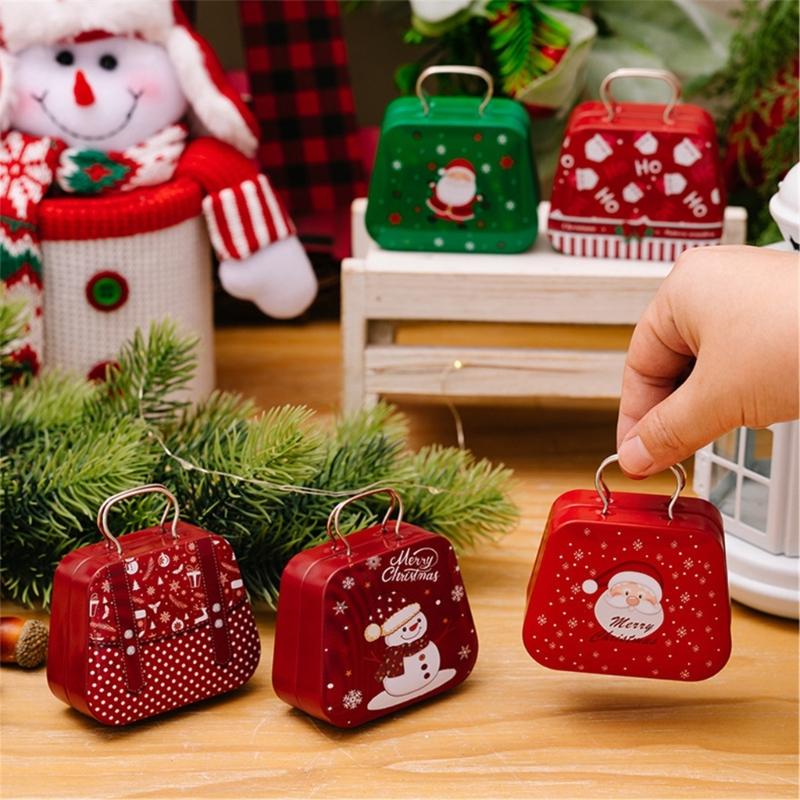 2Pcs Portable Christmas Iron Candy Container Christmas Cheer Candy Holders Snacks Case with Colorful Seasonal Pattern