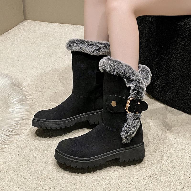 Winter snow boots women's thick-soled solid color plush plush decorative medium tube casual boots fashionable warm women's boots