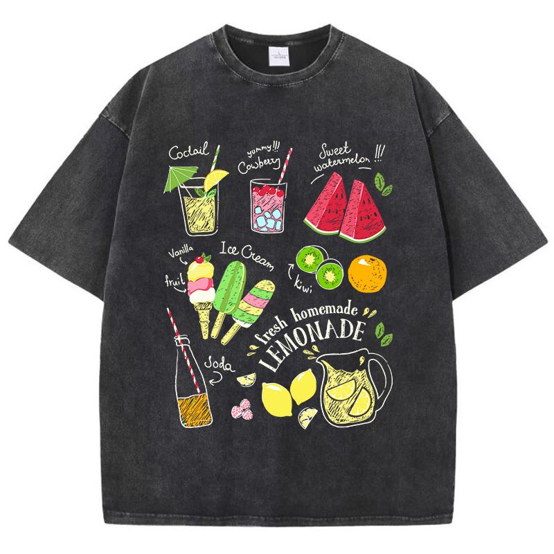 Fruit Tea Cold Drinks Ice Cream Prints Cotton Washed TShirt Women Oversize Tops Street Distressed ONeck T Shirt Summer Clothes