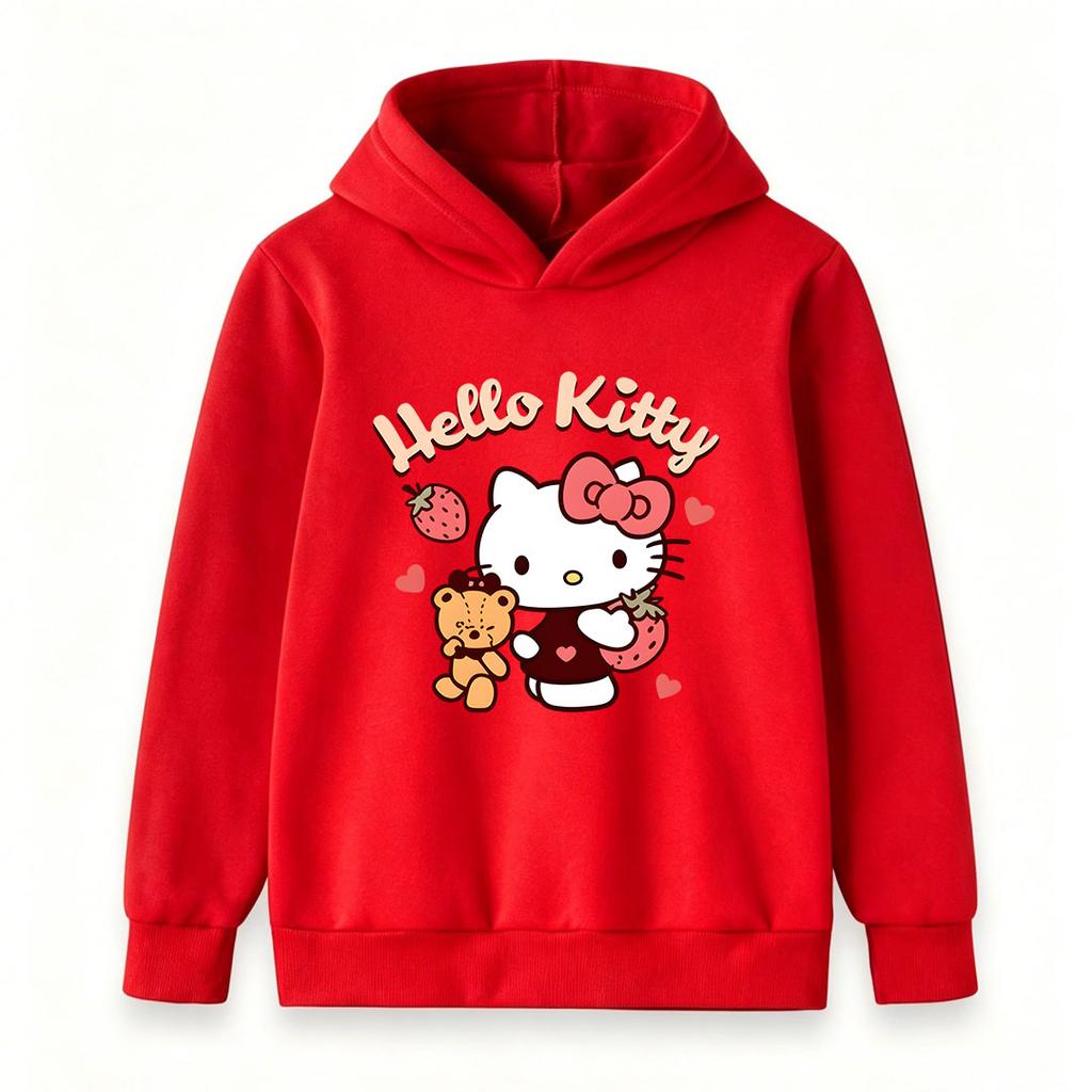 Cute Cartoon Strawberry Bear Print Kids Hoodie, Soft Casual Long Sleeve Pullover Sweatshirt for Boys Girls, Lovely Heart Pattern Daily Wear Tops for C