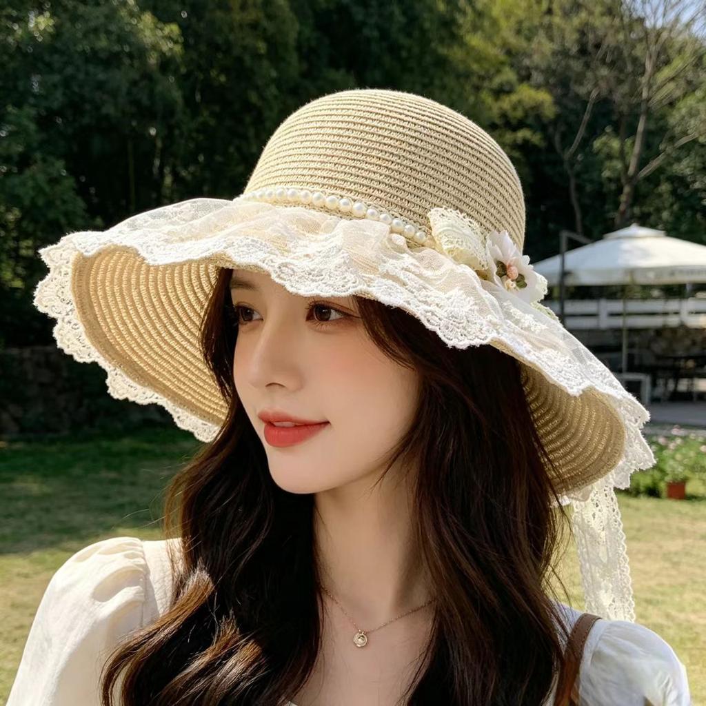 Straw Hat Women's Summer Lace Bow Outdoor Sun Protection Sun Hat Seaside Vacation Beach Hat Large Brim Versatile Basin