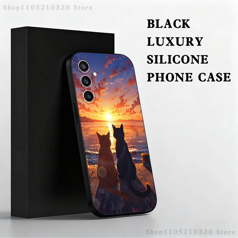 Artistic drawing cat Phone Case For Samsung S 25,24,23,22,30,21,10,9,Ultra,Plus,Lite,FE,4,5 G Black Soft Case
