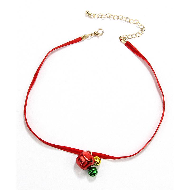 Classic Holiday Choker Necklace: Red Velvet Ribbon with Red, Yellow, Green Bells
