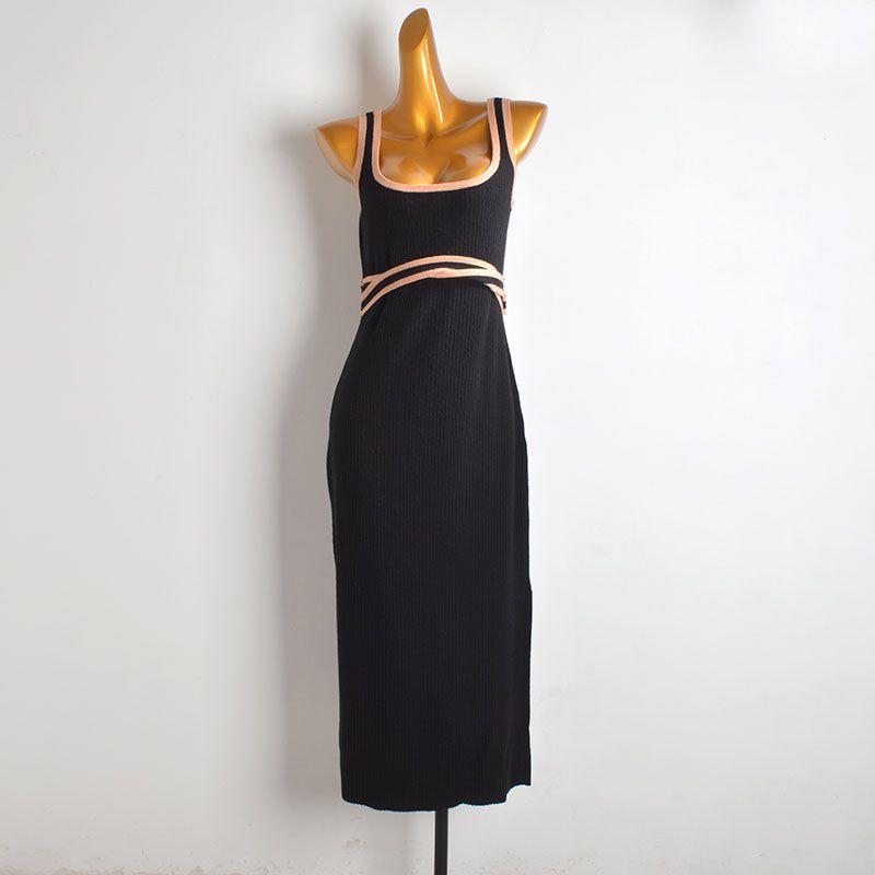 

Foreign Trade Order French style Sexy Ladies Color Matching Suspender Skirt Women Summer New Waist Hugging Slimming Long Split Dress Black L