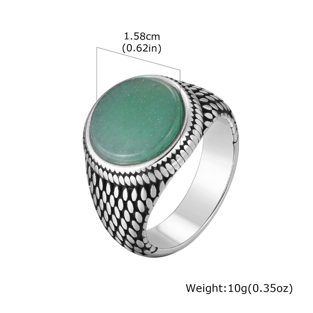 Green Dongling Stone Ring for Men,Vintage Stainless Steel Natural Stone Signet Ring,Punk Round Ring Gift