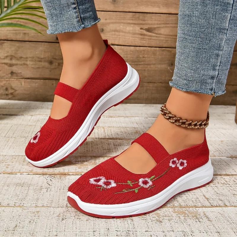 

Модная женская обувь 2024 года, женская вулканизированная обувь с эластичной резинкой, модная вышитая женская повседневная обувь, горячая распродажа, сетчатые кроссовки с круглым носком 41 красный