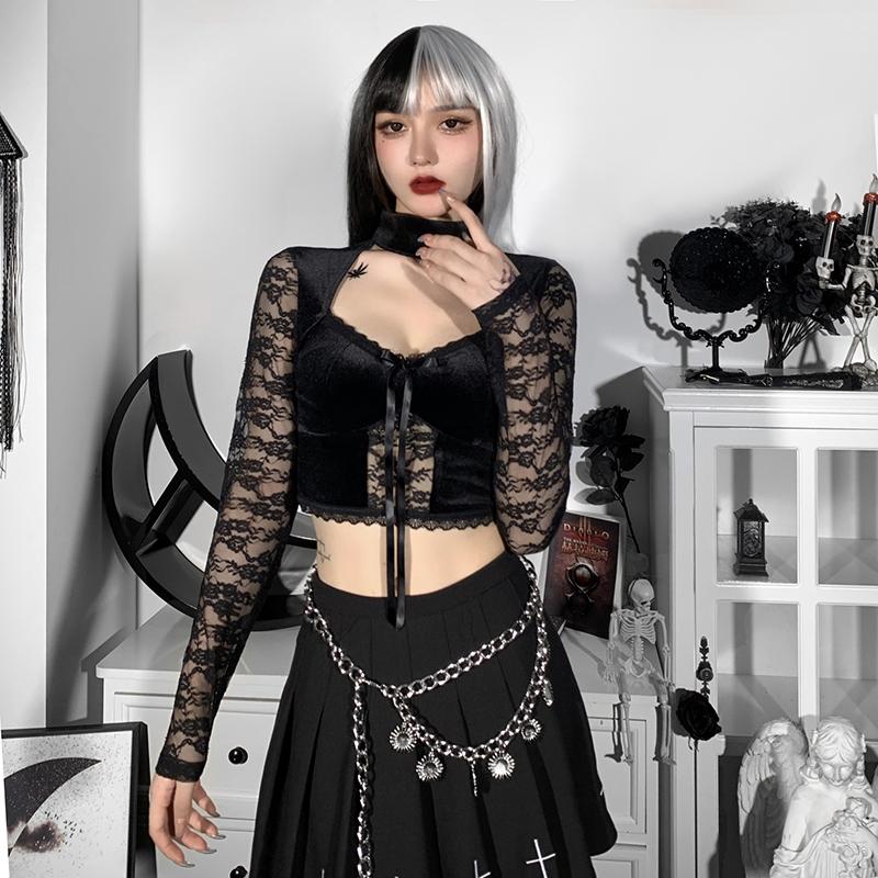Gothic Vintage Ausgeschnittenes Samt T-Shirt Langarm zum Schnüren Crop Tops