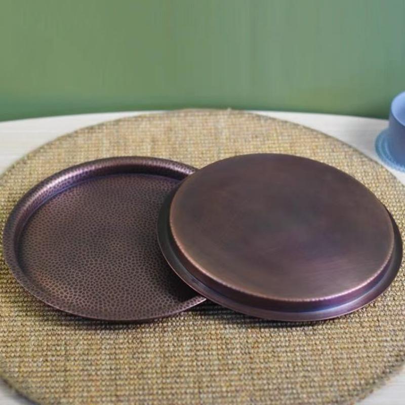 Round Shape Copper Fruit Tray,Retro Engraving Hammer Texture Household Portable Food Plate,Snack Plate Table Wedding Decoration