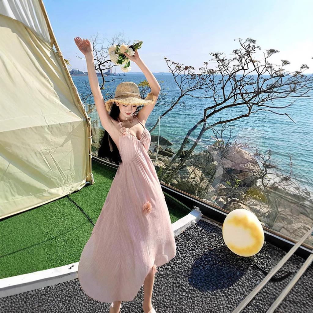 Real Photo of Pink Floral Vacation-style Halter Dress: Gentle Sweet, Fairy-like High-end Beach Dress