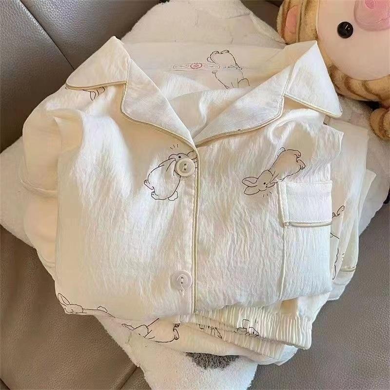 Autumn Faux Cotton Women Pajama Button Cardigan Outfits 2 Piece Set Fashion Rabbit Sweet Pajamas Set for Women