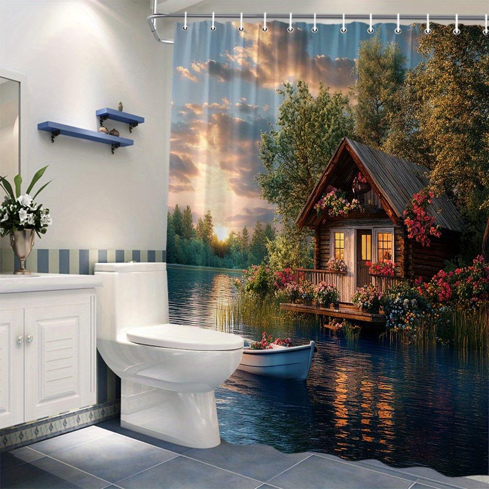 Lakefront Cabin Sunset Waterproof Shower Curtain For Bathroom Decor With Plastic Hooks