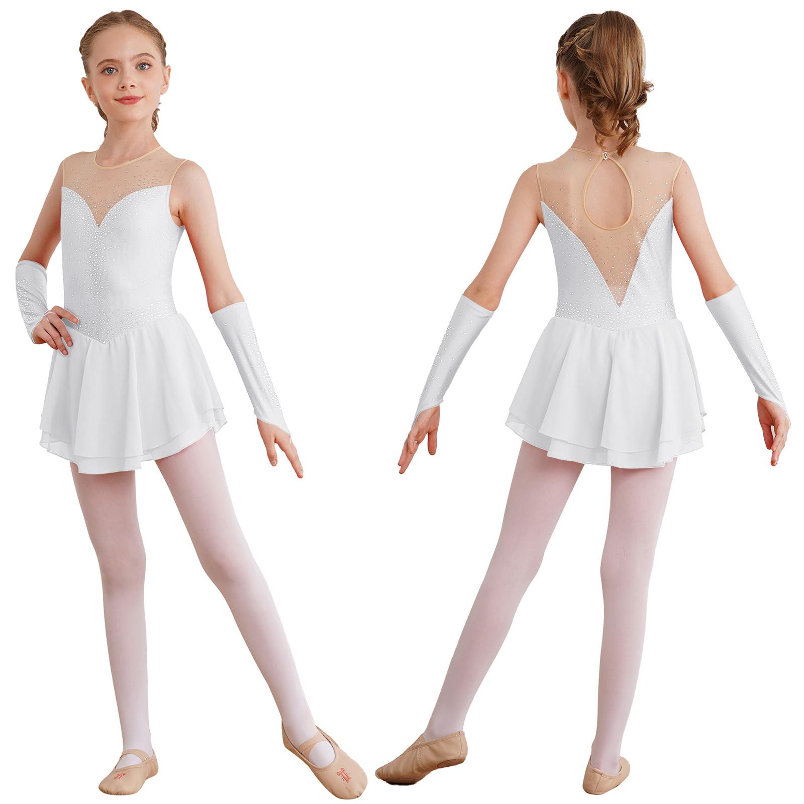 IEFiEL Meisjes IJs Kunstschaatsen Jurk Ballet Dans Competitie Gymnastiek Strass Leotard Jurken met Handschoenen 11-12 Years wit