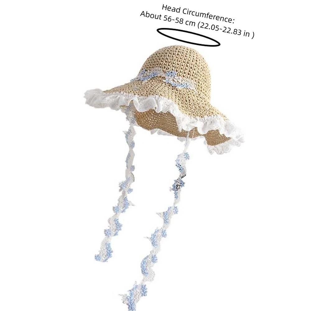 Breathable Vacation Beach Cap Lightweight with Garland Big Brimmed Straw Hat with Lace Sunshade Topi Woven Sun Cap