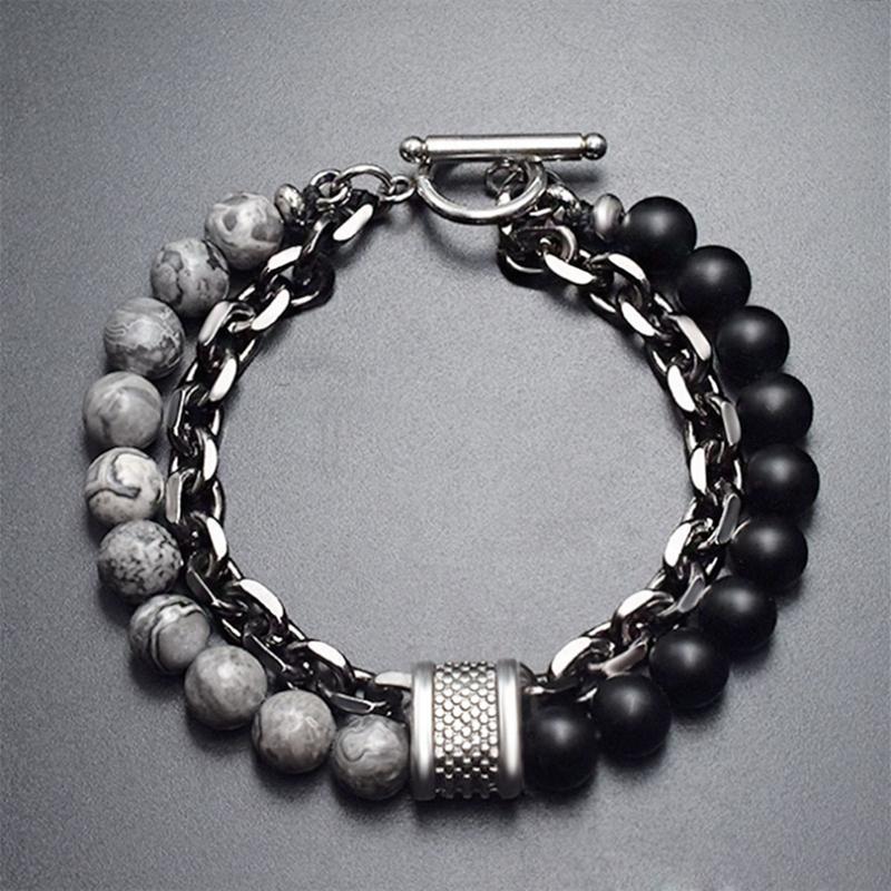 

Natural Map Stone Men s Beaded Bracelet for women Stainless Steel Bracelets Male Jewelry Tiger eye bracelet 21cm
