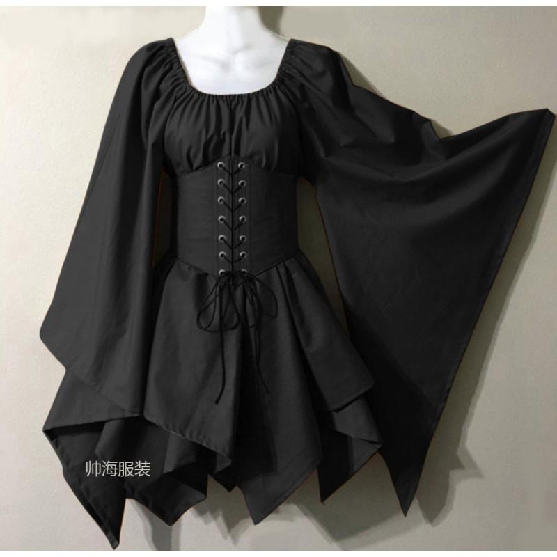 Halloween Renaissance Cosplay Dress Long Sleeve Flared Cuff Patchwork Themed Parties