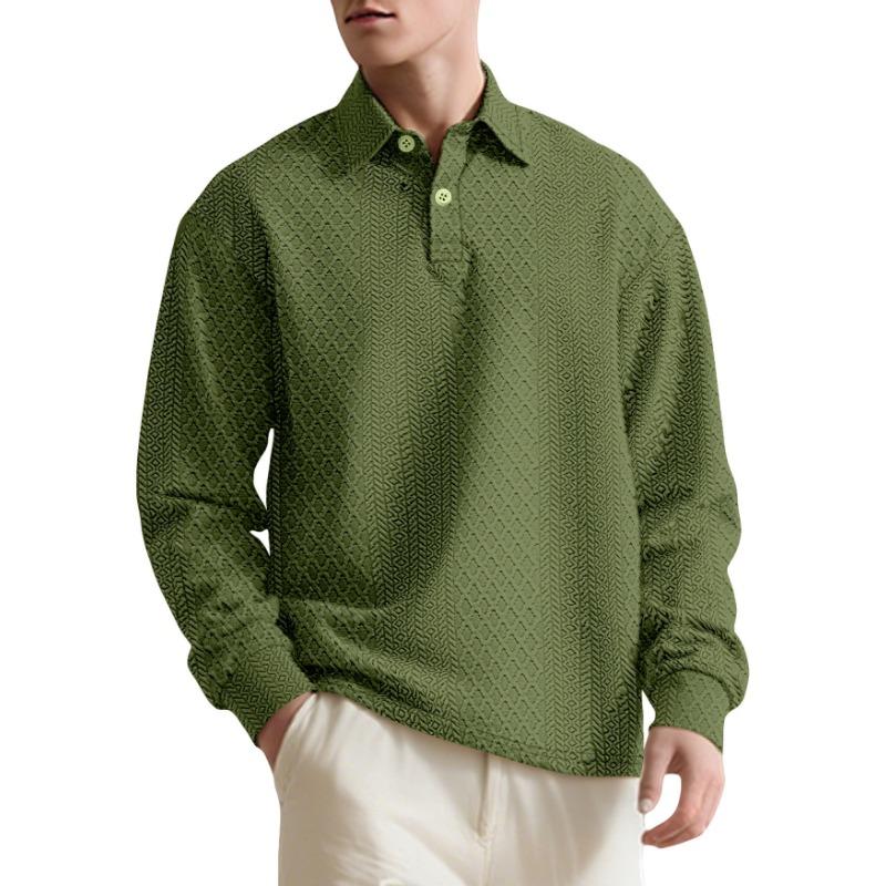 European American Men's Textured Jacquard Solid Button New Polo Shirt Lapel Long-sleeved Loose Sweatshirt