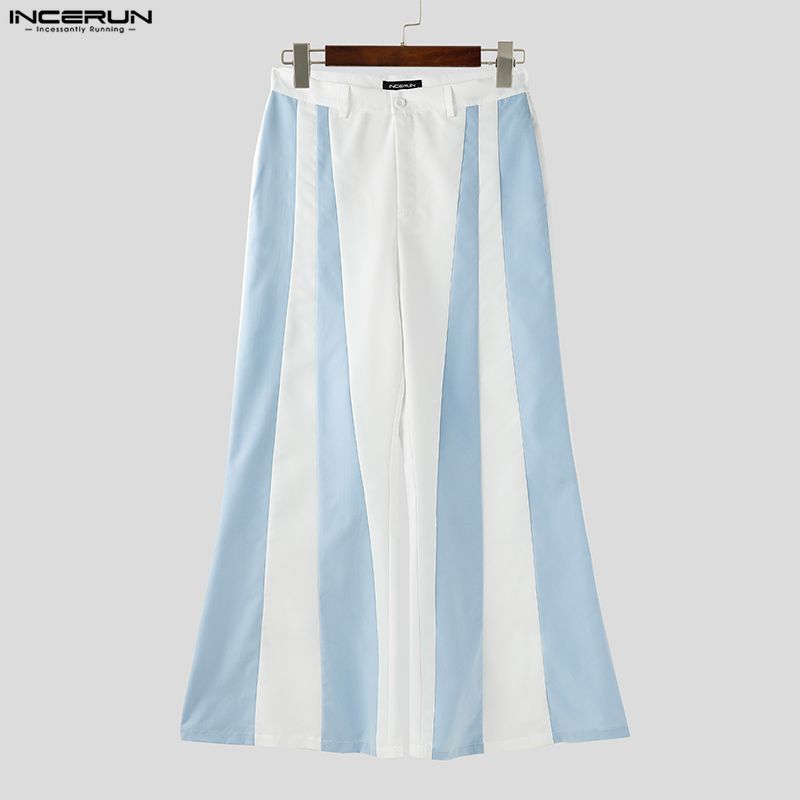 INCERUN S-5XL Men Casual Zip-up Waist Striped Long Flare Pants Trousers