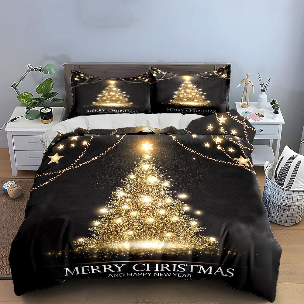 Golden Sparkling Christmas Tree Bedding Duvet Cover Set Duvet Cover Pillowcases (1*Duvet Cover 2*Pillowcases, without duvet insert)