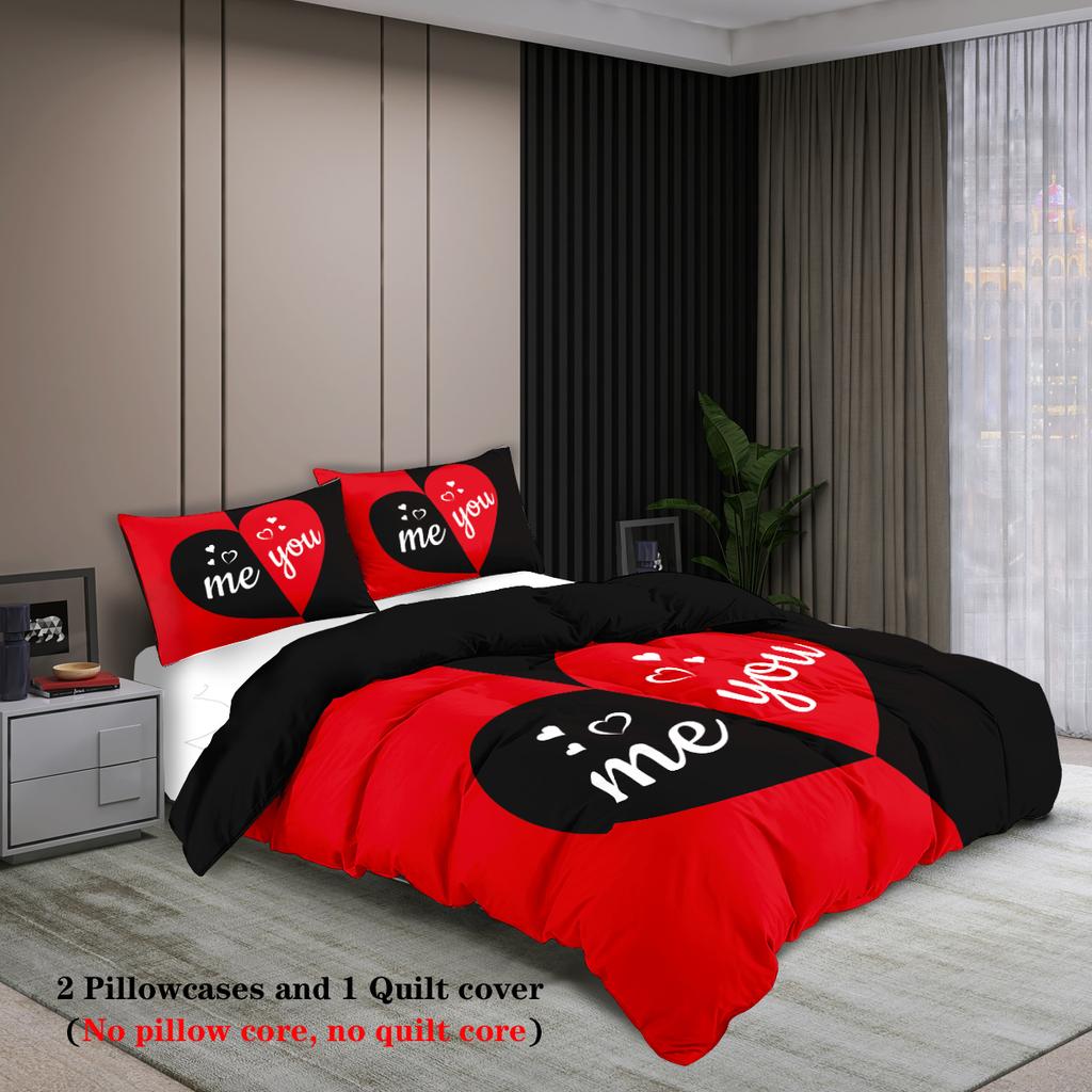 3-piece Set, Red and Black ME and YOU Letters Pattern Printed Bedding Set, for Bedroom, Hotels, Queen, King, Double Bed