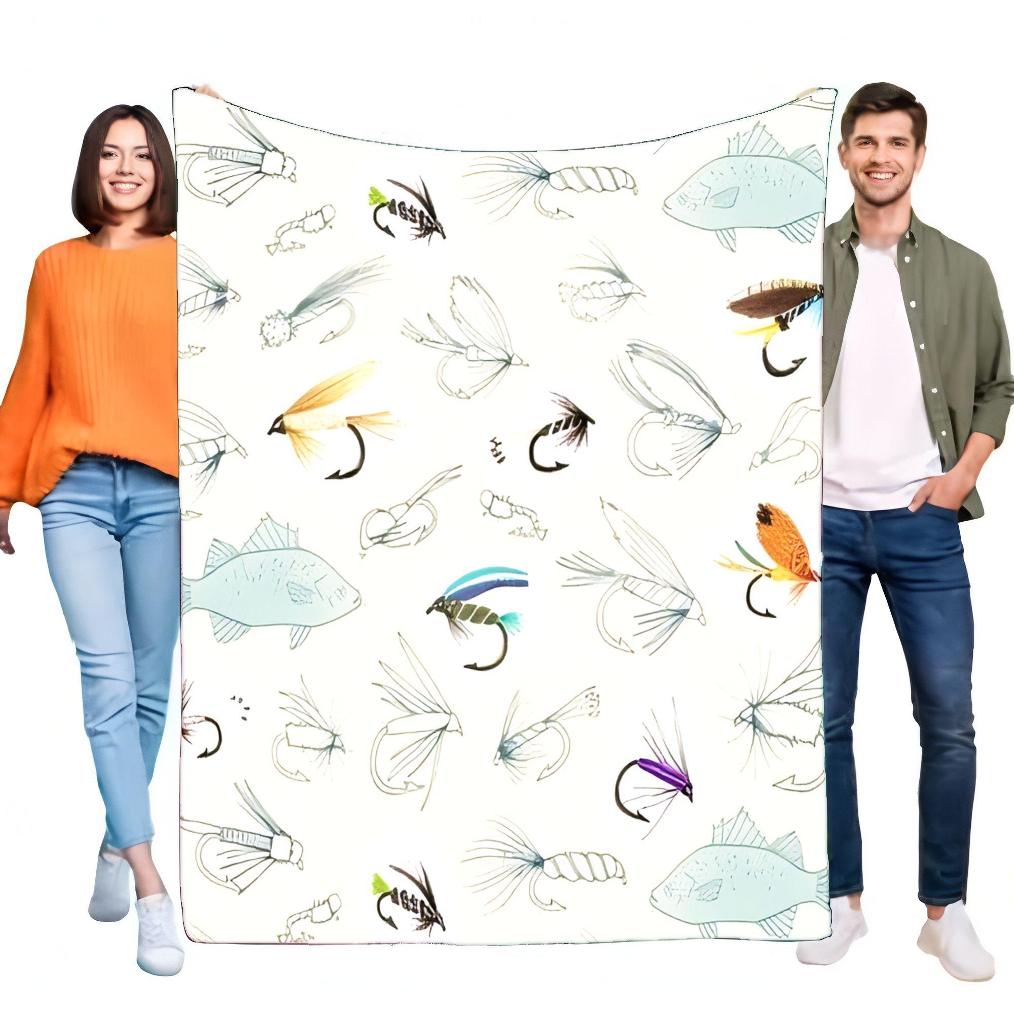 Fly Fishing Lures Blanket, Soft Cozy Warm Fleece Throw for Anglers Men Dad Unique Fish Pattern Outdoor Lover Home Decor Birthday 75X95CM