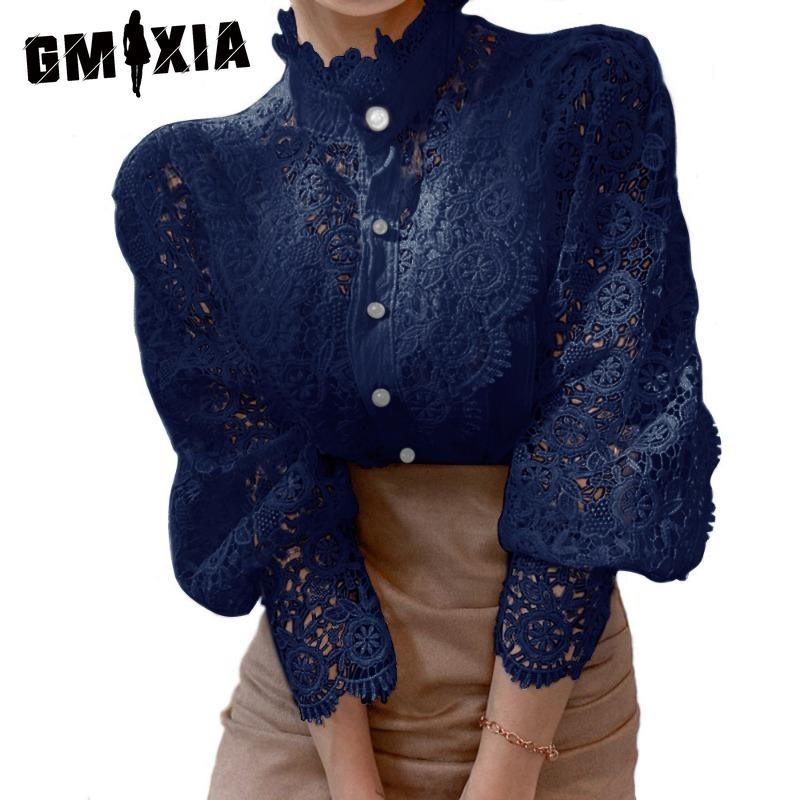 

GMXIA Женские модные повседневные однотонные блузки и рубашки с длинным рукавом с принтом XXXL темно-синий