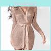 Women Hollow Out Sexy Long Belt Dress Jacket With Knitted Sleeves Elegant Lingerie Robe