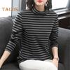 Women Bottoming Tops High Collar Long Sleeve Thickened Velvet Lining Pullover Tops Striped Print Tee Tops