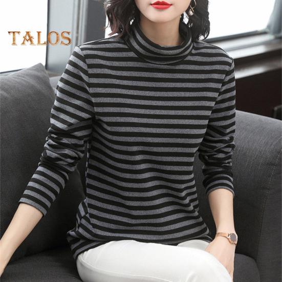 Women Bottoming Tops High Collar Long Sleeve Thickened Velvet Lining Pullover Tops Striped Print Tee Tops