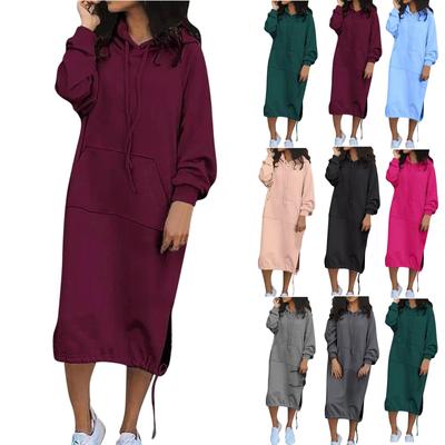 Damen Langarm Casual Hoodie Sweatshirts Side Slip Pullover Kleid mit Tasche