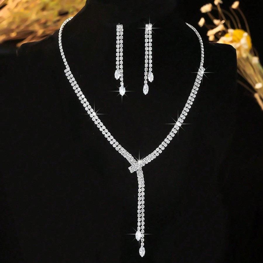 European & American Zirconia Tassel Necklace and Earrings Set - Fashion Jewelry for Women