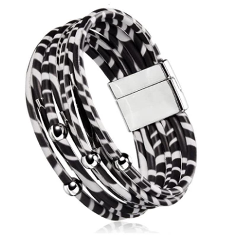 Leopard Print Magnetic Buckle Leather Bracelet: Alloy Beaded Cord with Copper Tube