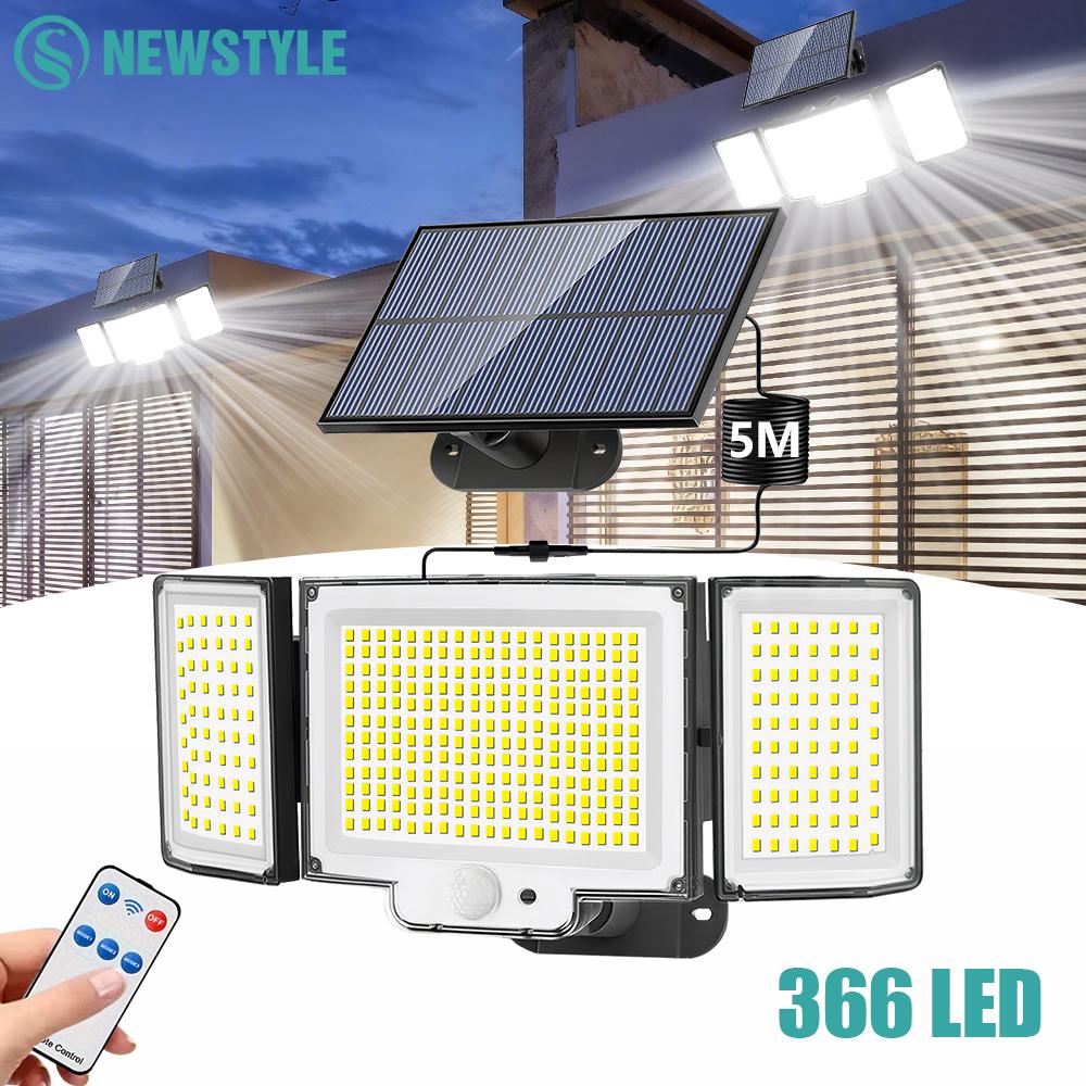 Solar Security Light Outdoor 3 Heads 366LED Motion Sensor Solar Flood Light IP65 Waterproof 3 Modes Lighting for Garage Garden