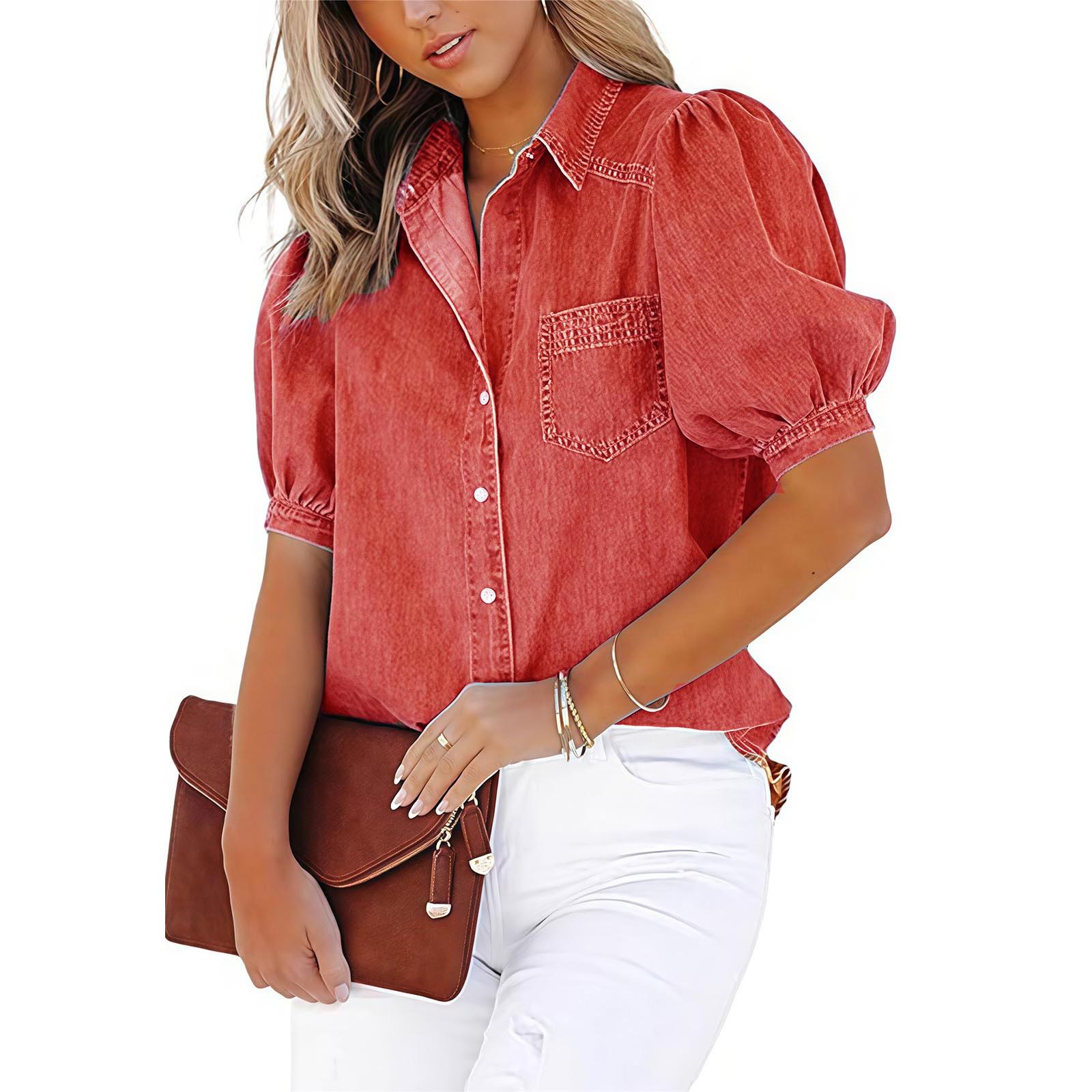 

Women s Fashion Lapel Short,Sleeved Pocket Cardigan Colour Casual Shirt Top XXL