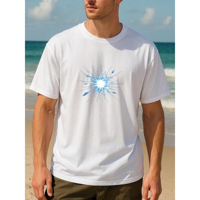 

European sizes Blue Broken Glass Print Men S Top | Round-Neck, Casual Fit, Versatile Everyday Wear, Medium Stretch Fabric 4XL білий
