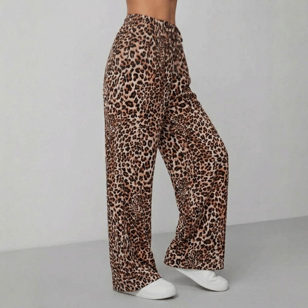 Lace-up Leopard Print Pants Baggy Floor Length Britches Straight Leg Loose Trousers Streetwear