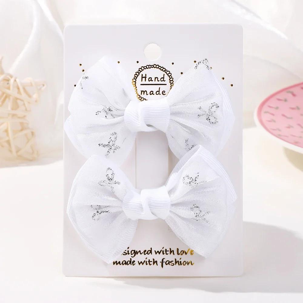 2PCS /Set Embroidery Bowknot Hair Clips 2.7inch Cheer Bows Handmade Hairgripes for Kids Girls Headdress Hair Accessories